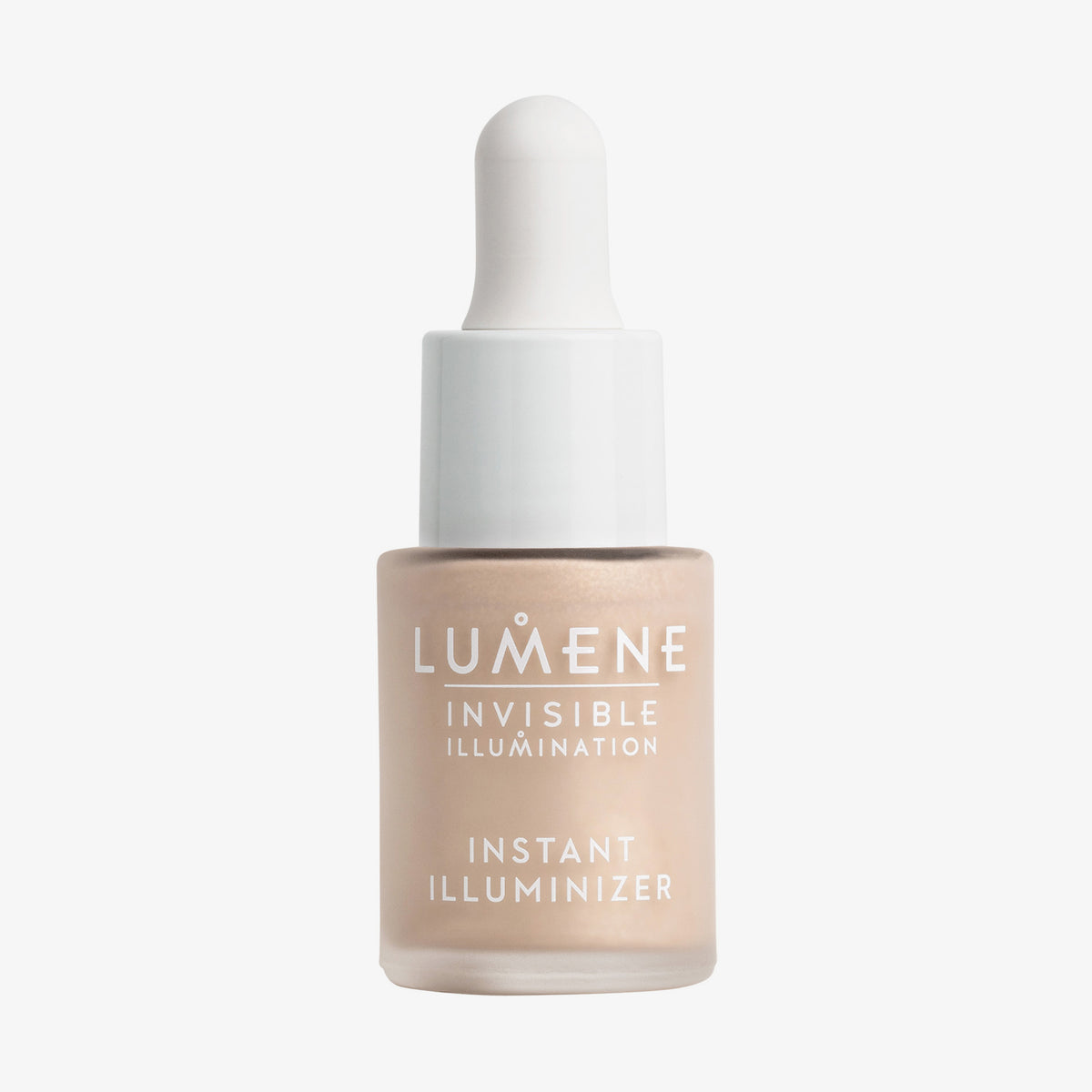 Mattierte transparente Flasche Lumene INVISIBLE ILLUMINATION Illuminizer Golden Hour mit einem weißen Tropfverschluss.