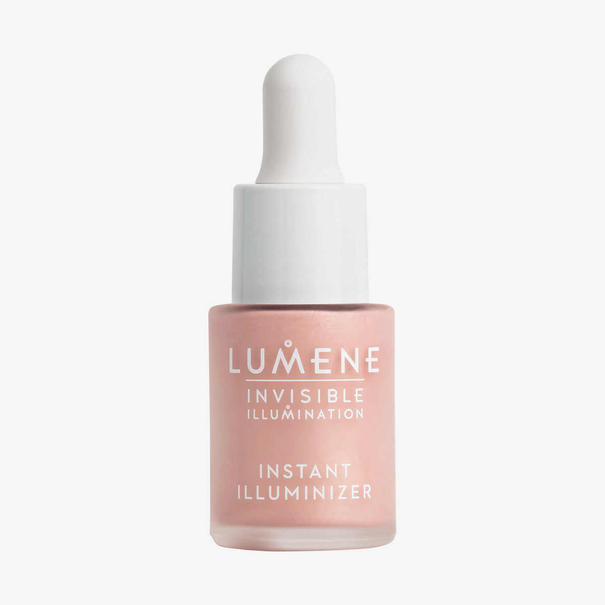 Mattierte transparente Flasche Lumene INVISIBLE ILLUMINATION Illuminizer Rosy Dawn mit einem weißen Tropfverschluss.