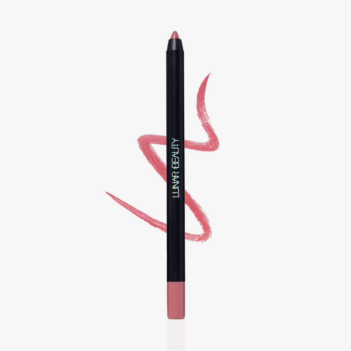 Ein rosafarbener Lippenstift von Lunar Beauty, auf dem der Markenname steht und der mit einer rosafarbenen Linie hinterlegt ist.