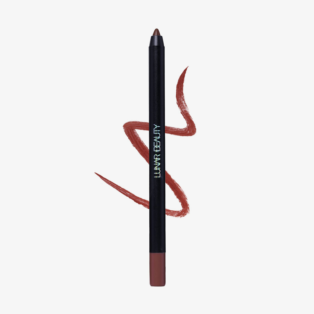 Lunar Beauty Lip Pencil in Braun, abgebildet mit einer Wellenlinie dahinter auf weißem Hintergrund.