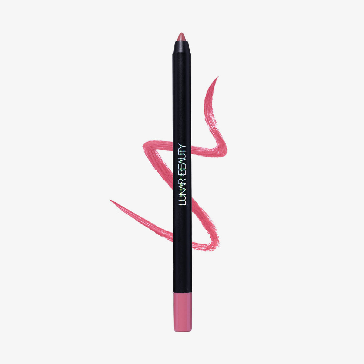 Ein Lunar Beauty Lip Pencil ist auf einem weißen Hintergrund mit einer gewellten rosa Linie dahinter abgebildet.