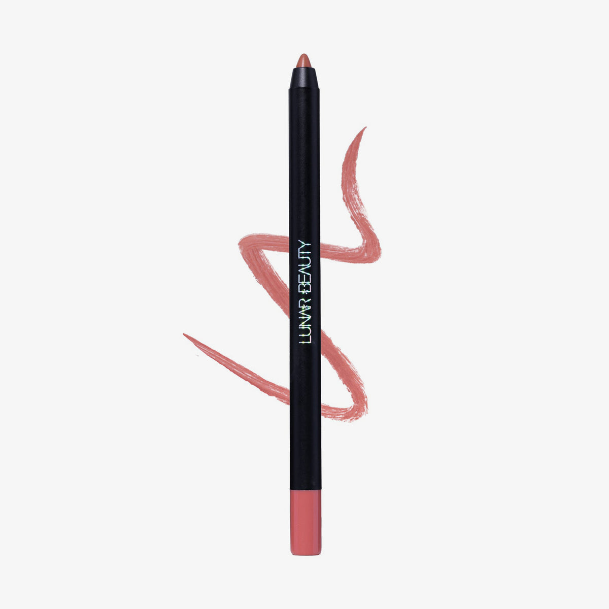 Ein Lunar Beauty Lip Pencil in Rosa wird mit einem Farbmuster dahinter auf weißem Hintergrund gezeigt.