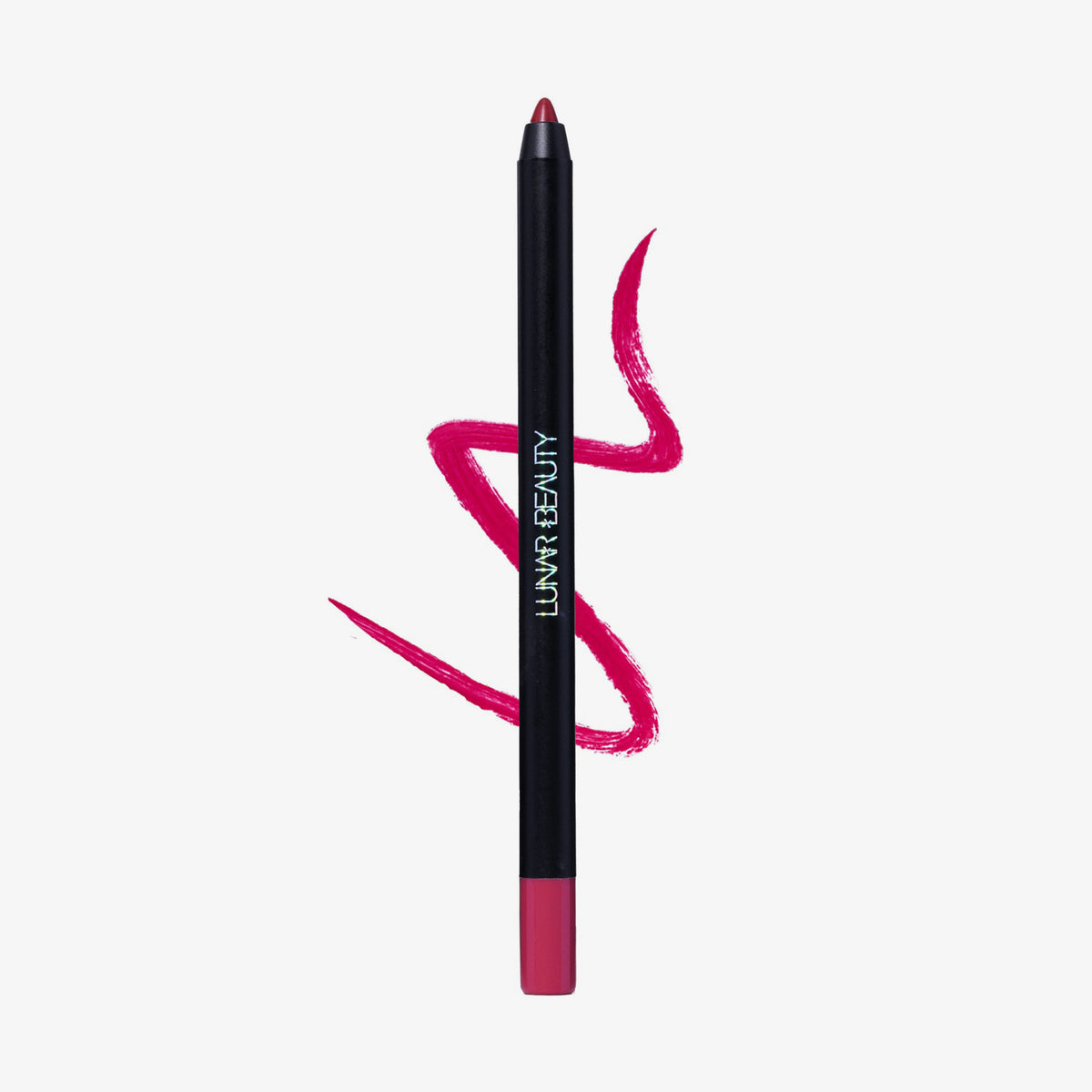 Ein Lunar Beauty Lip Pencil in der Farbe Stormy, abgebildet mit einer gewirbelten Linie in der passenden Farbe auf weißem Hintergrund.