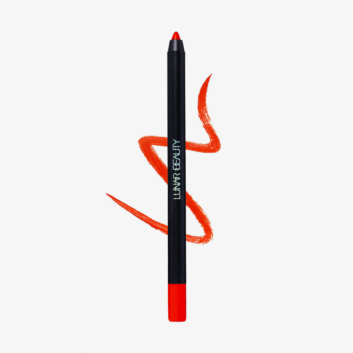 Ein Lunar Beauty Lip Pencil in der Farbe Tias ist auf weißem Hintergrund abgebildet, dahinter ist eine gewellte Linie in entsprechender Farbe.