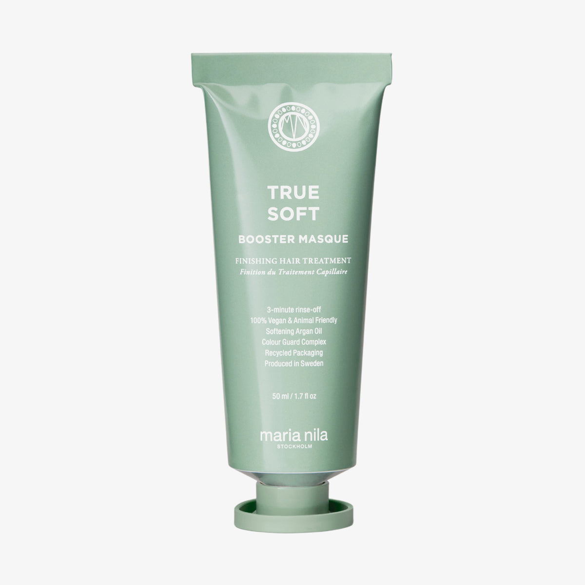 Eine grüne Tube maria nila Booster Masque True Soft steht aufrecht vor einem weißen Hintergrund.