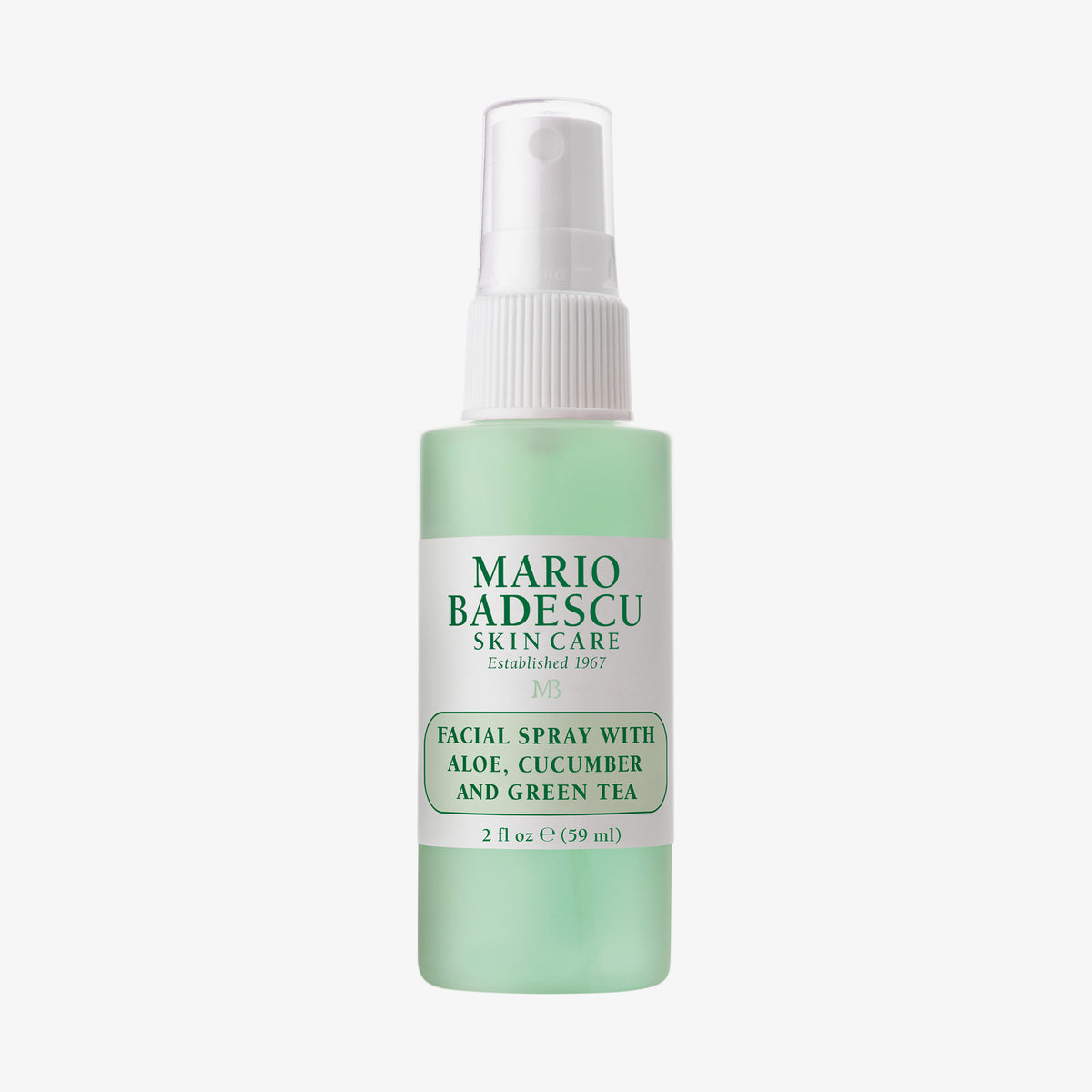 Eine 59ml grüne Flasche Mario Badescu Gesichtsspray mit Aloe, Gurke und grünem Tee.