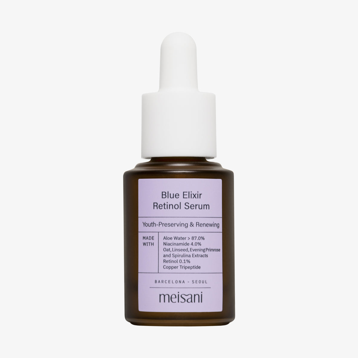 Eine braune Tropfflasche mit der Aufschrift „Blue Elixir Retinol Serum“ von meisani und Angaben zu den Inhaltsstoffen.