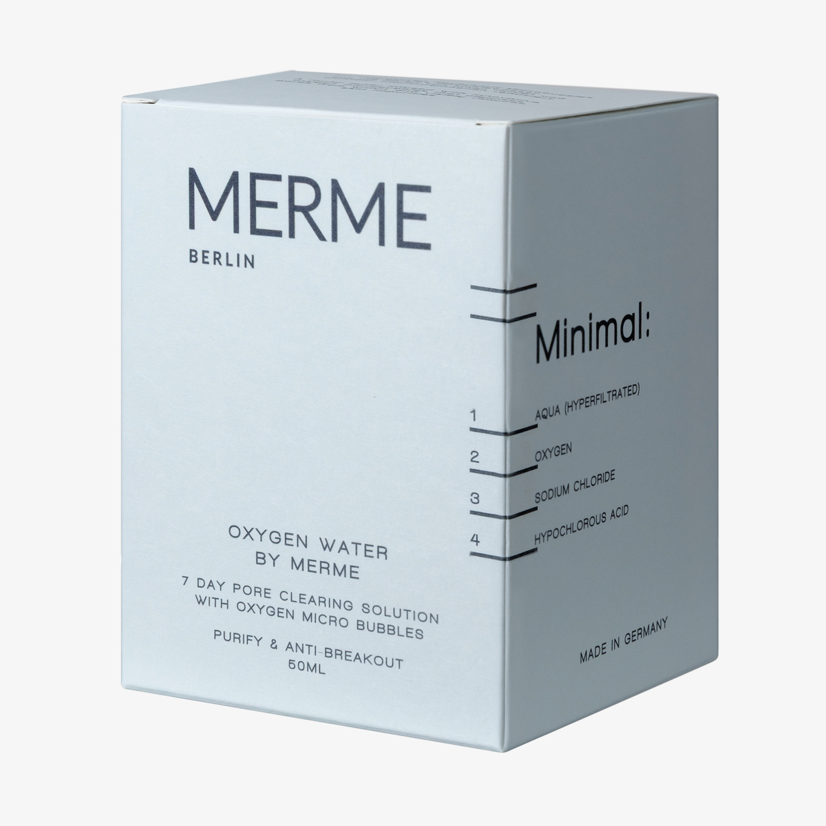 Hellblaue Schachtel des Oxygen Water by MERME 4-Wochen-Set, mit Inhaltsstoffen und Produktvorteile aufgedruckt.