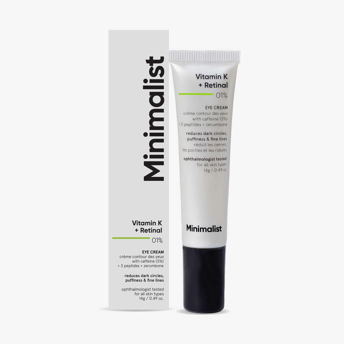 Augencreme von Minimalist mit Vitamin K und Retinal, Tube steht neben der Verpackung, weiße und schwarze Gestaltung, 14 g Inhalt.