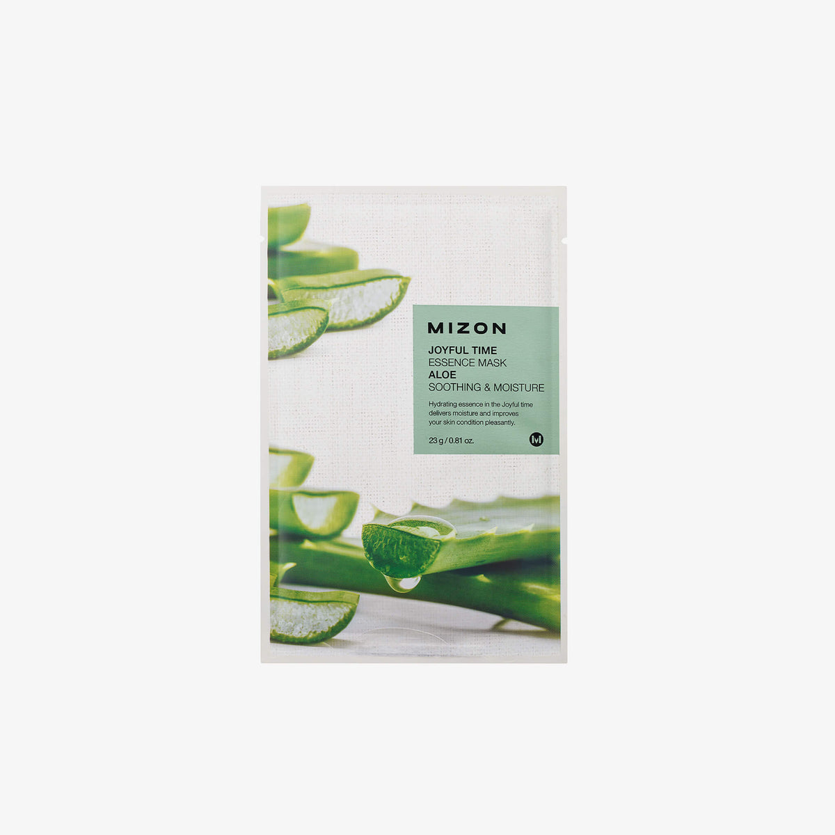 Die MIZON Joyful Time Essence Mask zeigt Aloe Vera-Bilder auf der Verpackung und spendet wohltuende Feuchtigkeit.