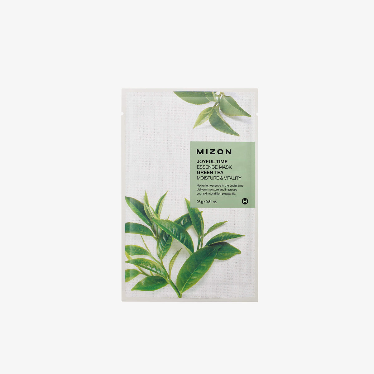 Eine Packung MIZON Joyful Time Essence Mask mit grünen Teeblättern auf der Verpackung.