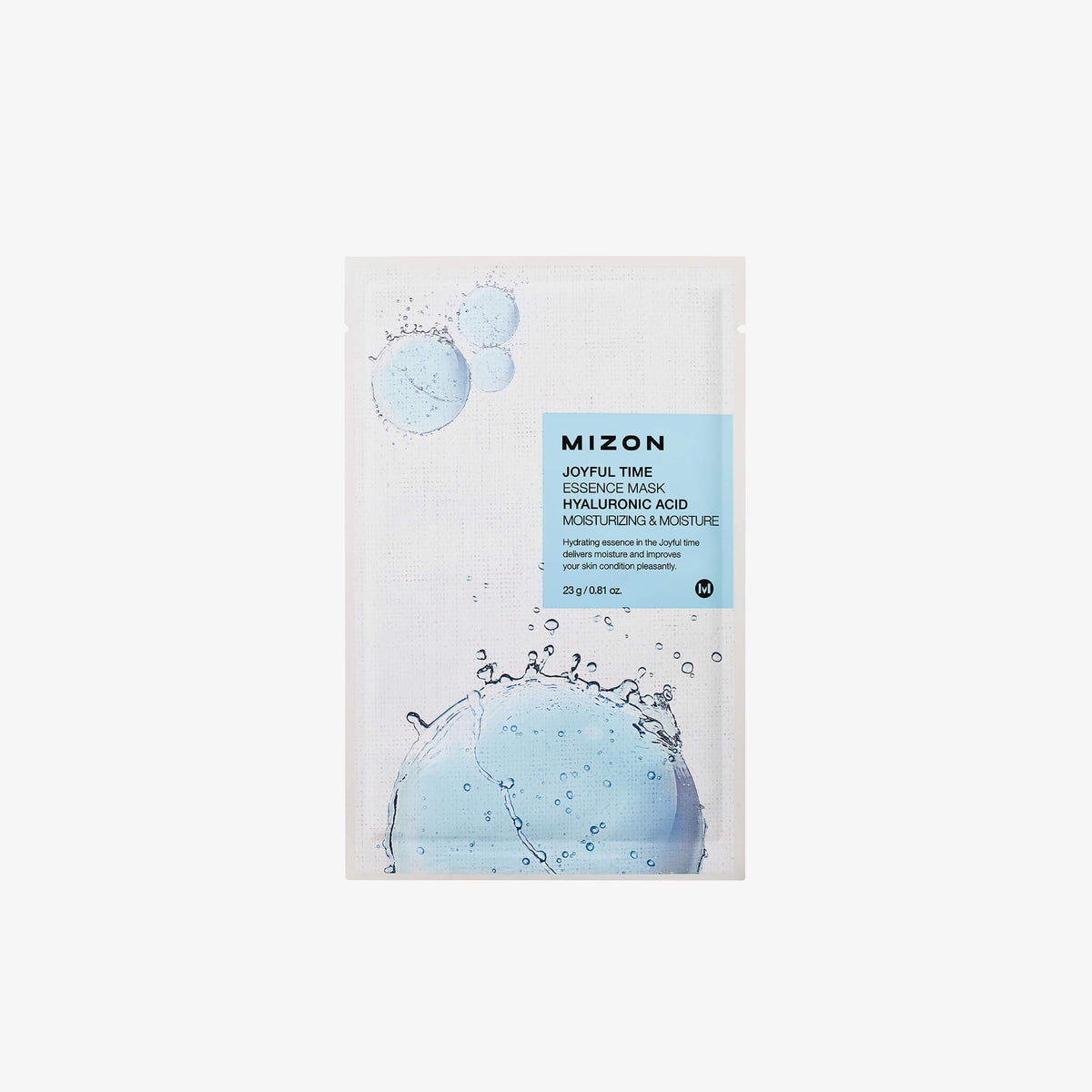 Ein Sachet der Mizon Joyful Time Essence Mask mit Hyaluronsäure. Aufdruck in Blau, darunter eine große Wasserblase mit Spritzern auf weißem Hintergrund.