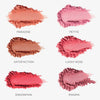 Sechs Farbtöne von Close-Up Blurring Powder Blush auf weißem Hintergrund, jeder mit seinem Namen beschriftet.