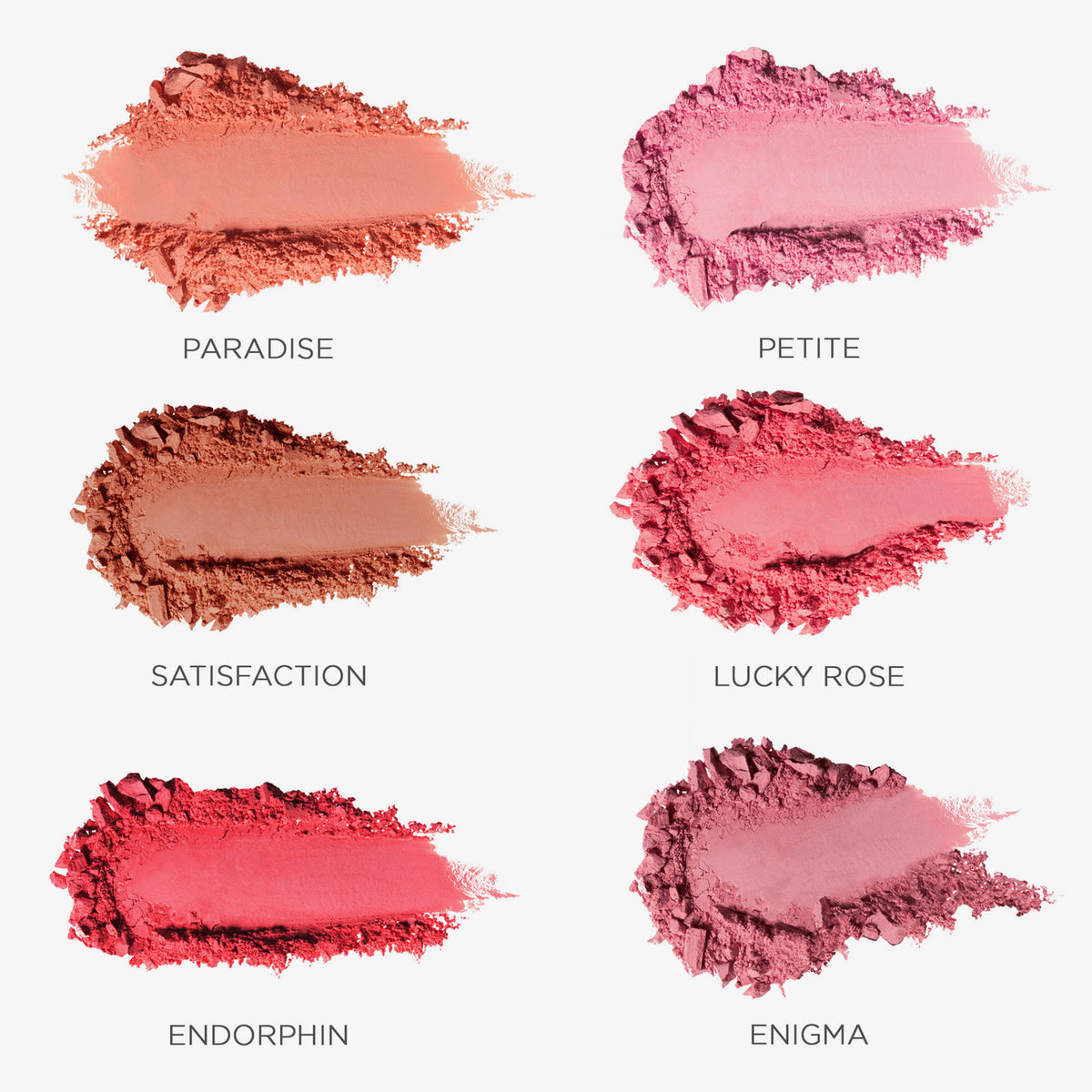 Sechs Farbtöne von Close-Up Blurring Powder Blush auf weißem Hintergrund, jeder mit seinem Namen beschriftet.