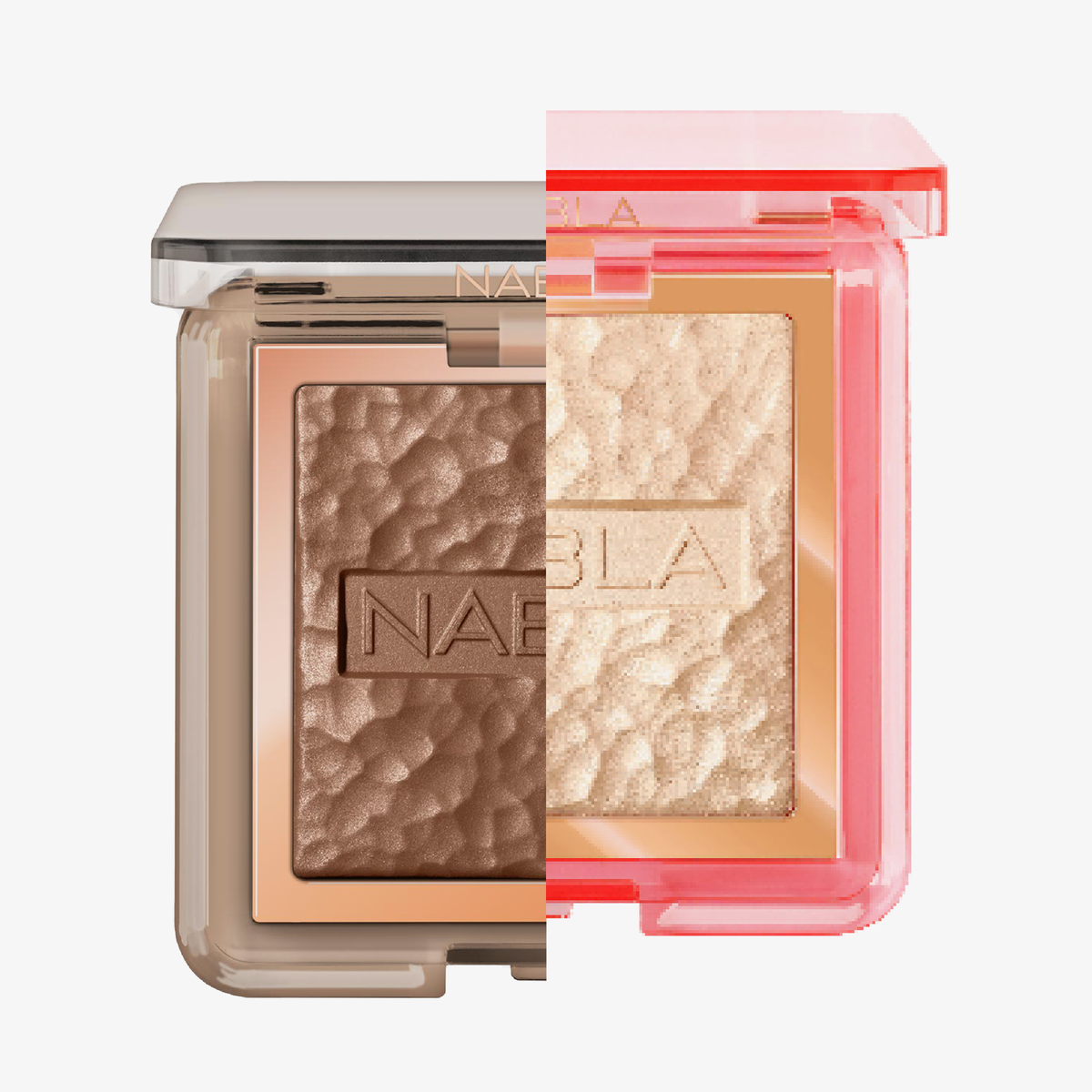 Das NABLA Cosmetics Illuminating Bundle besteht aus zwei Schminkdosen - einer braunen und einer beigen - die mit teilweise geöffneten Deckeln nebeneinander präsentiert werden.