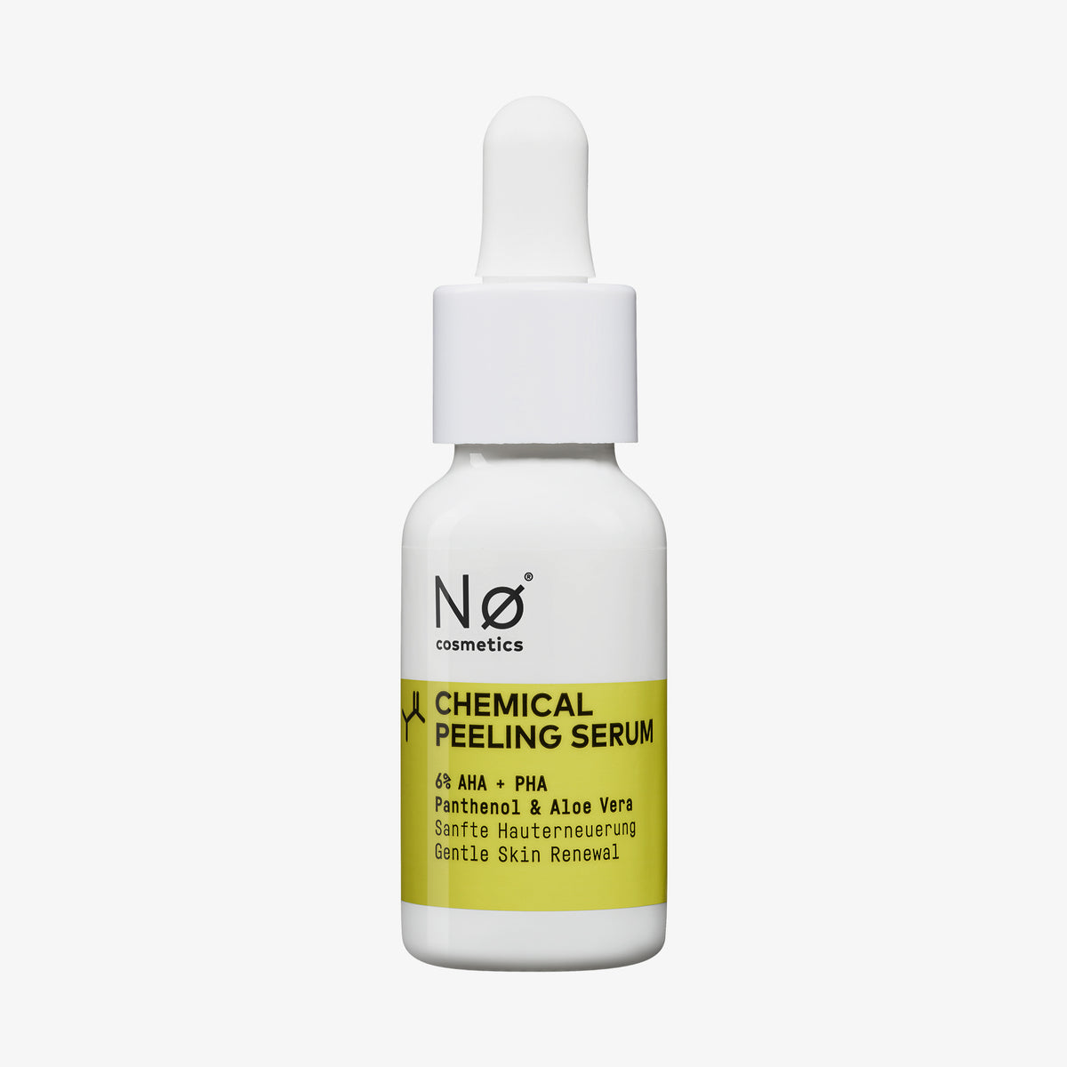 Eine weiße Tropfflasche mit der Aufschrift "clear tøday Chemical Peeling Serum" von Nø Cosmetics, mit grünen Akzenten, steht auf einem schlichten weißen Hintergrund.