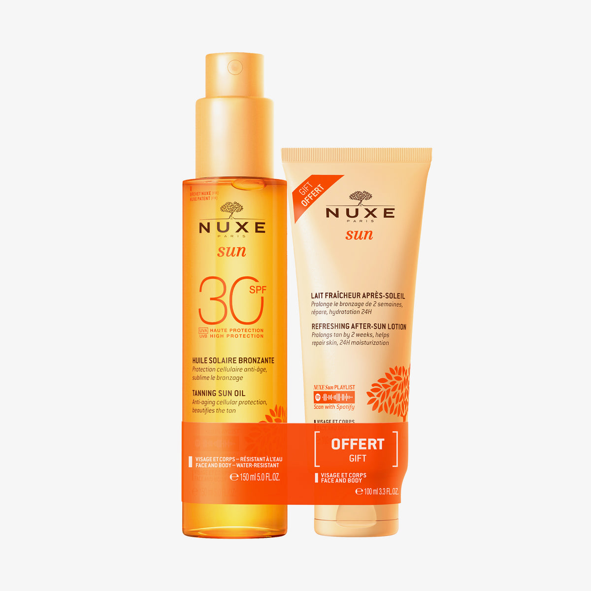 Das NUXE Sun Set Sonnenöl LSF + Gratis After-Sun in einer orange-gelben Verpackung auf weißem Hintergrund.