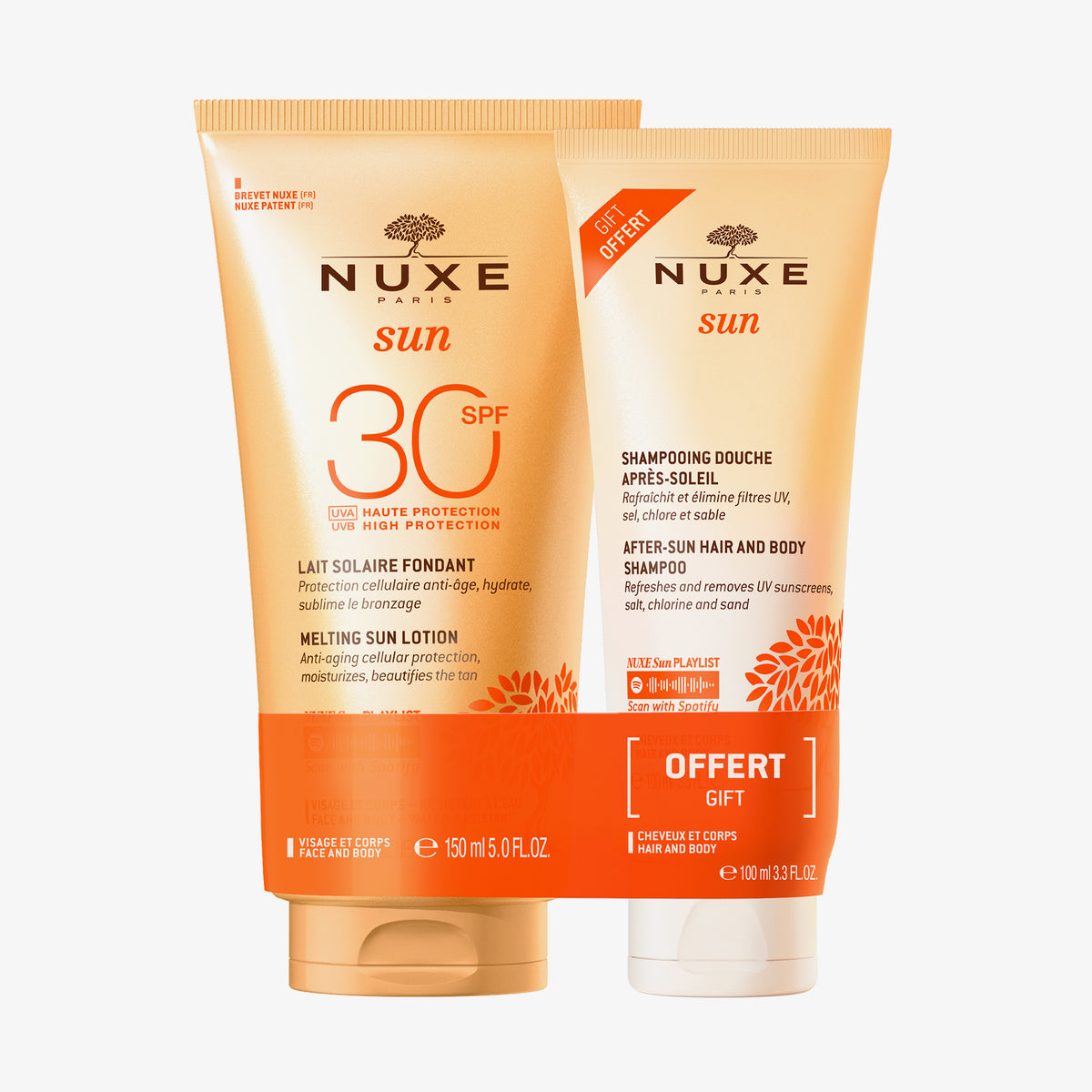 Das NUXE Sun Set beinhaltet Sonnenmilch LSF 30 und ein Duschshampoo, beides in orangefarbenen Tuben.