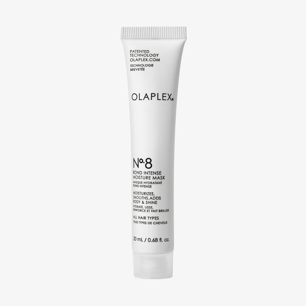 Eine weiße Tube N°8 Bond Intense Moisture Mask für das Haar, 20 ml, auf einem weißen Hintergrund.