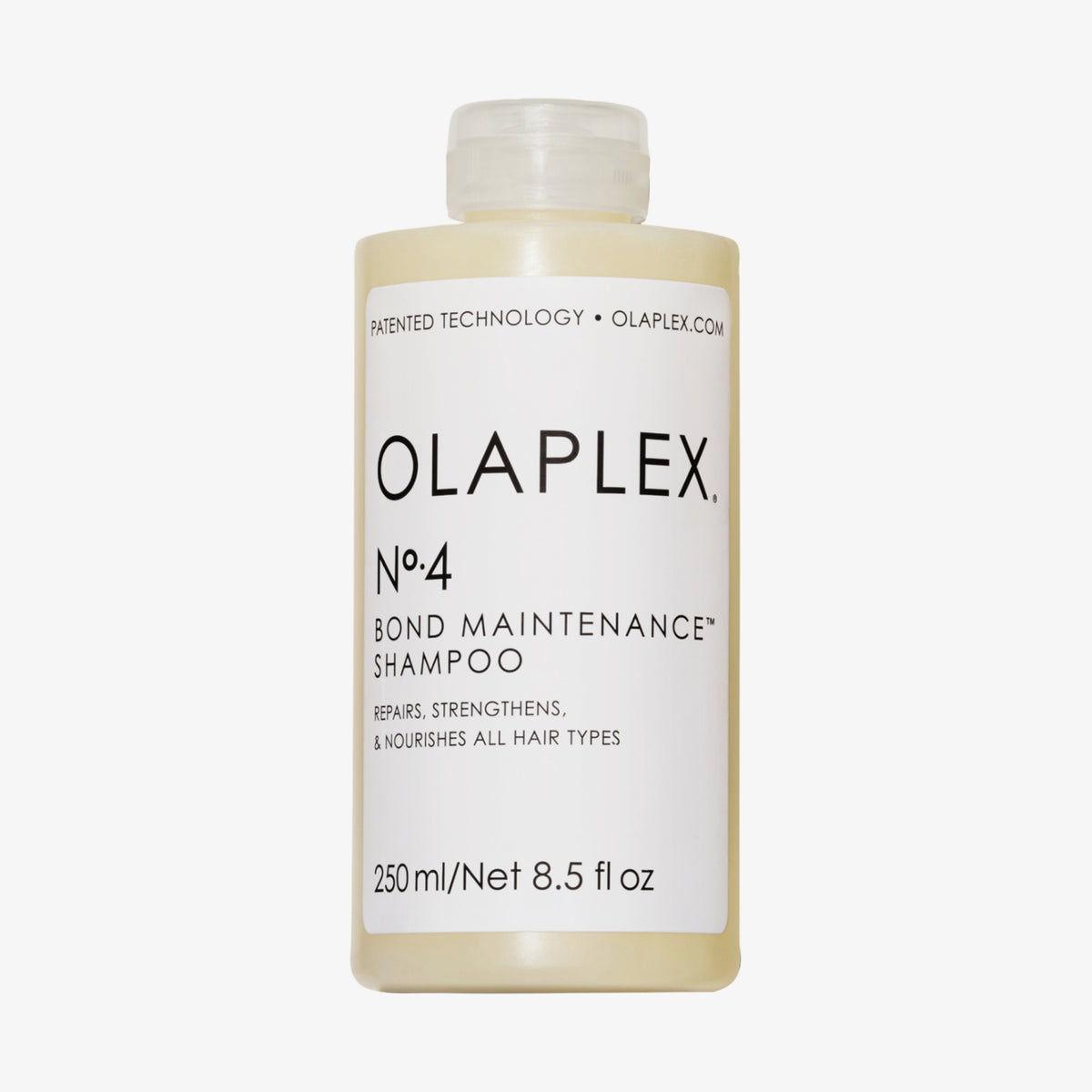 Eine 250-ml-Flasche OLAPLEX N°4 Bond Maintenance Shampoo mit schwarzem Text auf weißem Etikett.