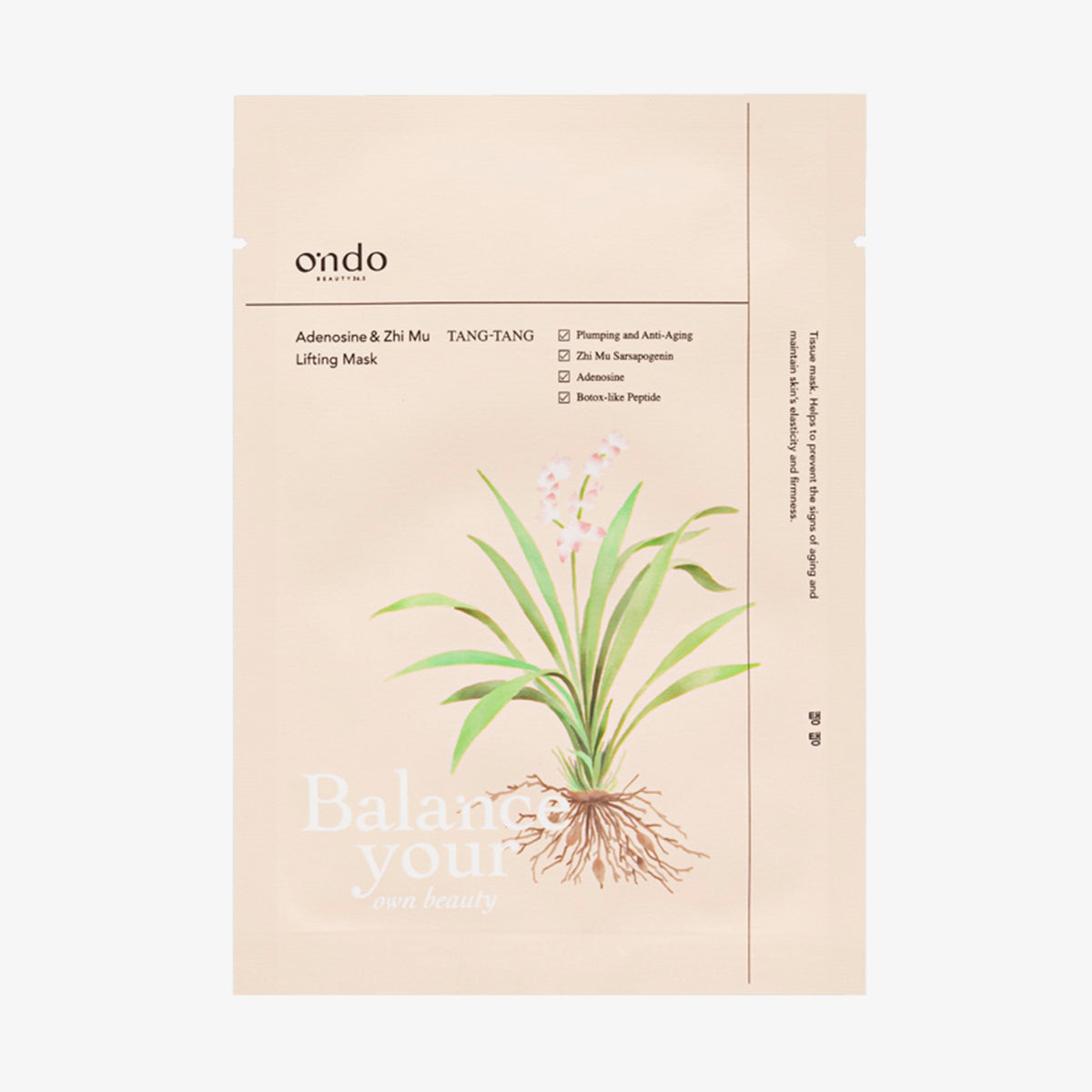 Beige Adenosin & Zhi Mu Lifting-Maske Tang-Tang mit einer Pflanzenillustration und einem Text, der ihre Vorteile für die Hautpflege hervorhebt.