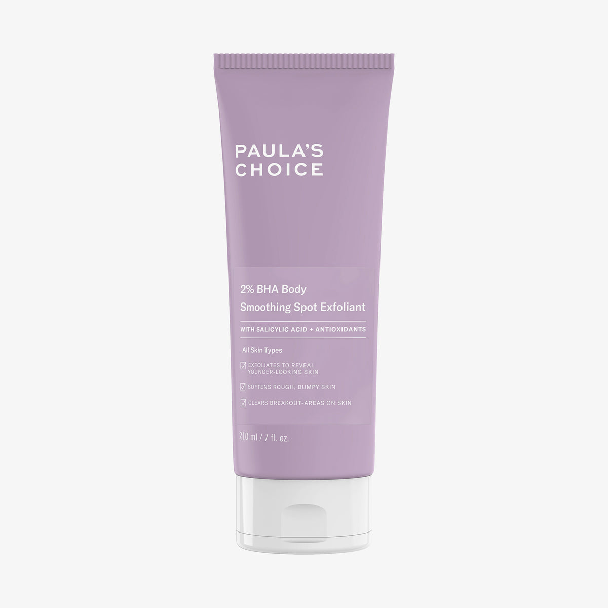 Eine violette Tube 2 % BHA Body Smoothing Spot Exfoliant steht aufrecht auf einem weißen Hintergrund.