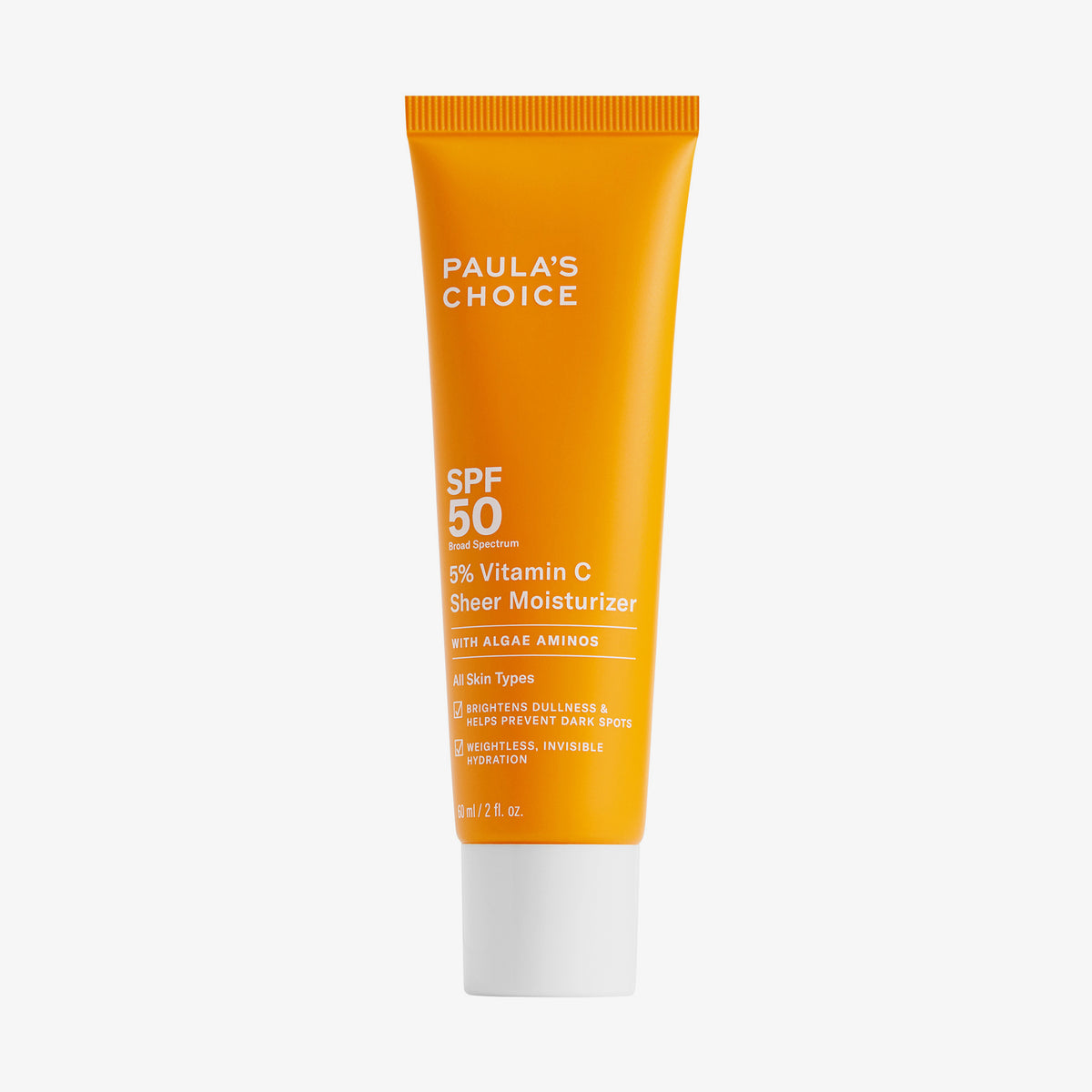 Orangefarbene Tube mit 5 % Vitamin C Sheer Tagescreme LSF 50 von Paula's Choice vor weißem Hintergrund.