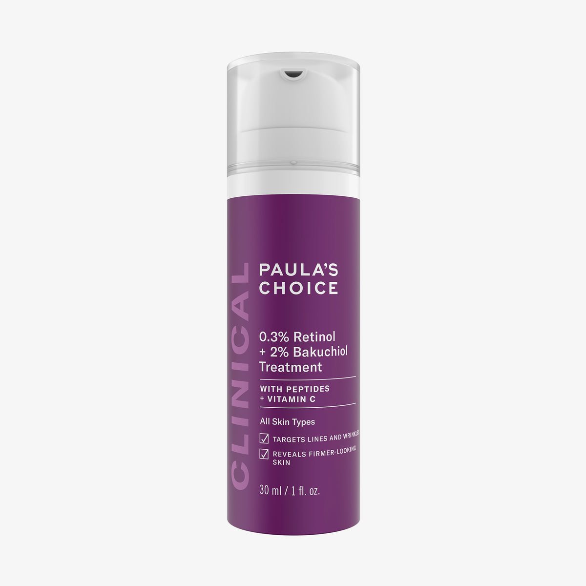 Eine violette Flasche Clinical 0,3 % Retinol + 2 % Bakuchiol Treatment von Paula's Choice mit einer durchsichtigen Verschlusskappe.