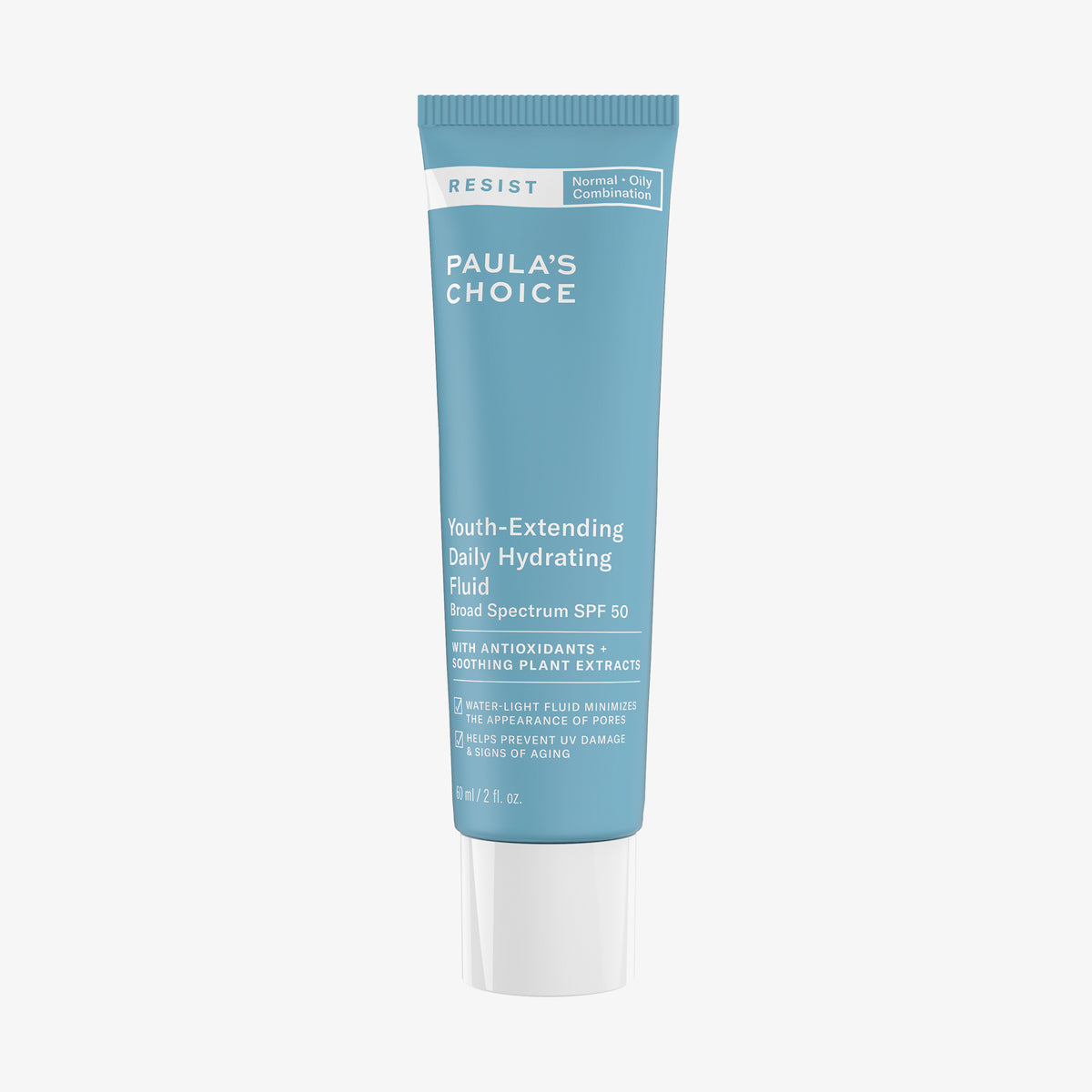 Eine blaue Tube Youth-Extending Daily Hydrating Fluid SPF 50 von Paula's Choice in 60 ml.
