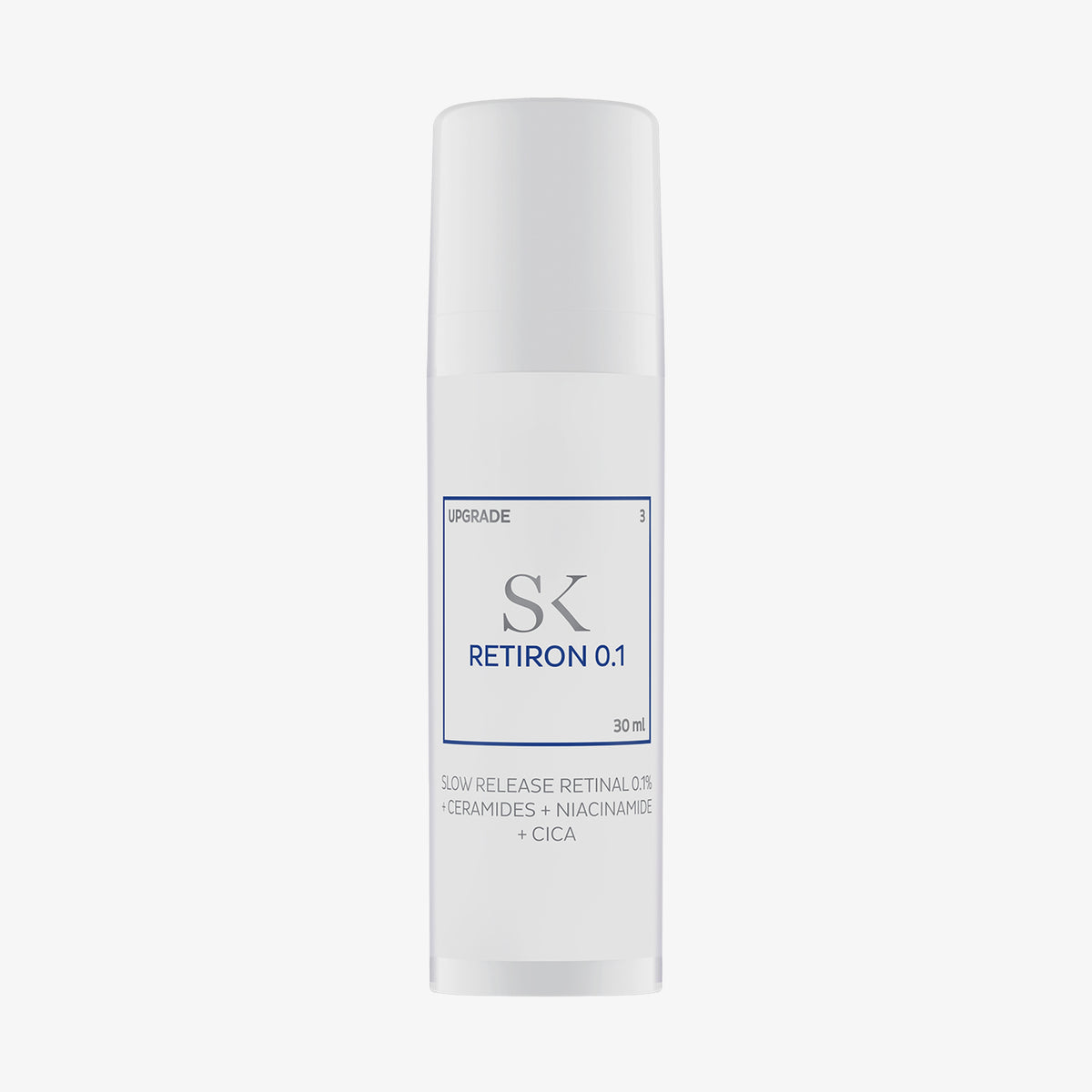 Weiße Flasche Retiron 0.1 mit Ceramiden, Niacinamid und Cica in einem einfachen, minimalistischen Design.