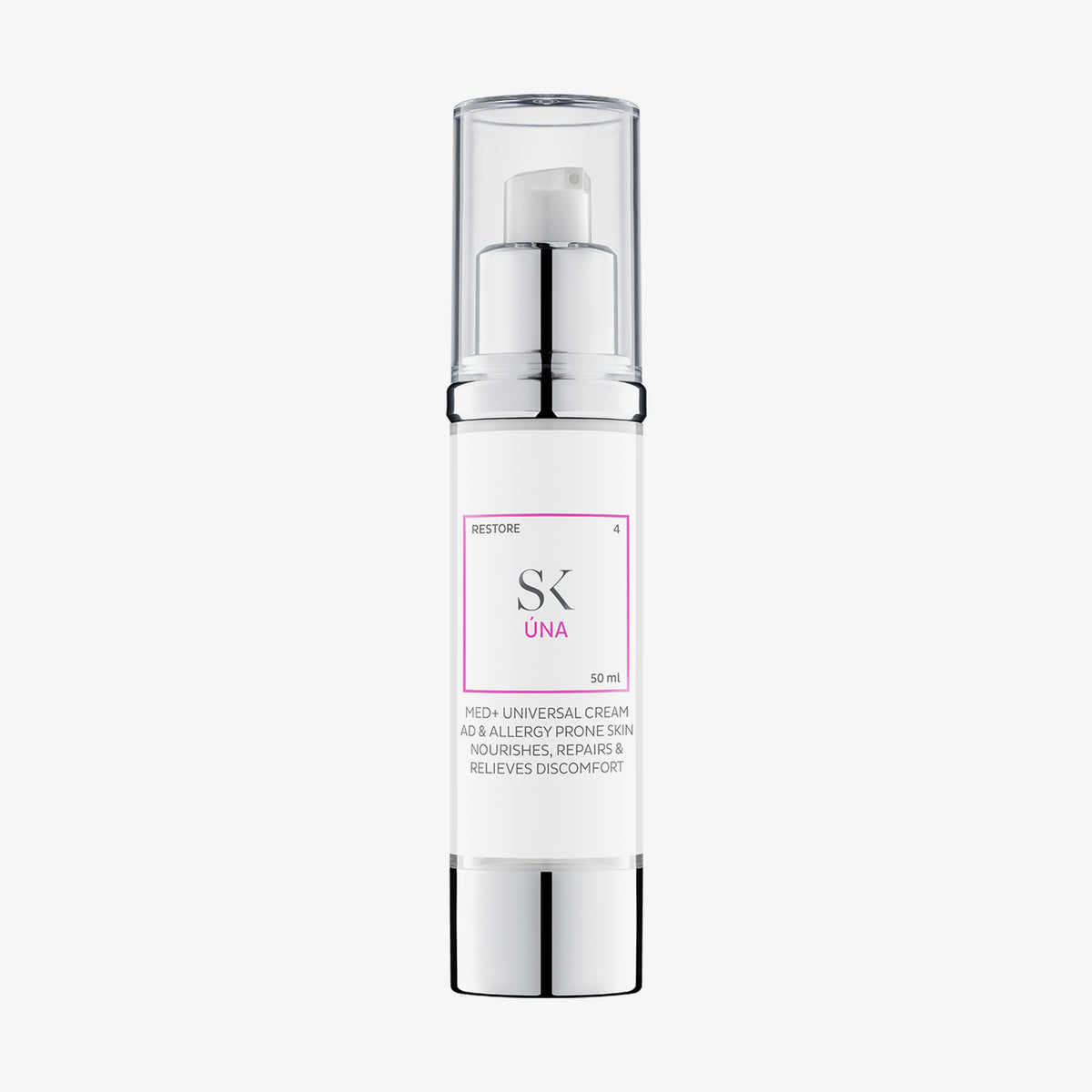 Eine 50 ml Úna Med+ Universalcreme mit Pumpspender, durchsichtiger Kappe und silbernen Akzenten.