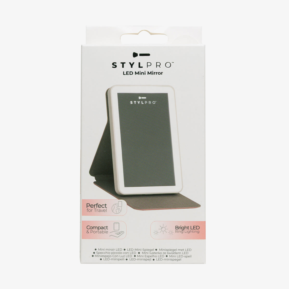 Weiße Verpackung für den STYLPRO LED Mini Mirror, einen tragbaren Spiegel mit heller LED-Beleuchtung.