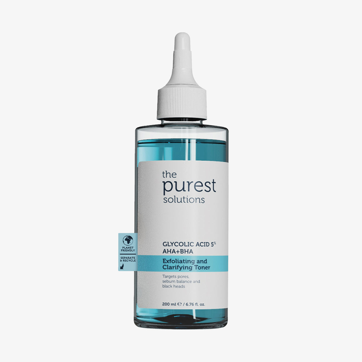 Eine 200-ml-Flasche mit 5 % Glykolsäure + AHA & BHA Peeling- und Klärungstoner mit Tropferverschluss und blauer Flüssigkeit im Inneren.