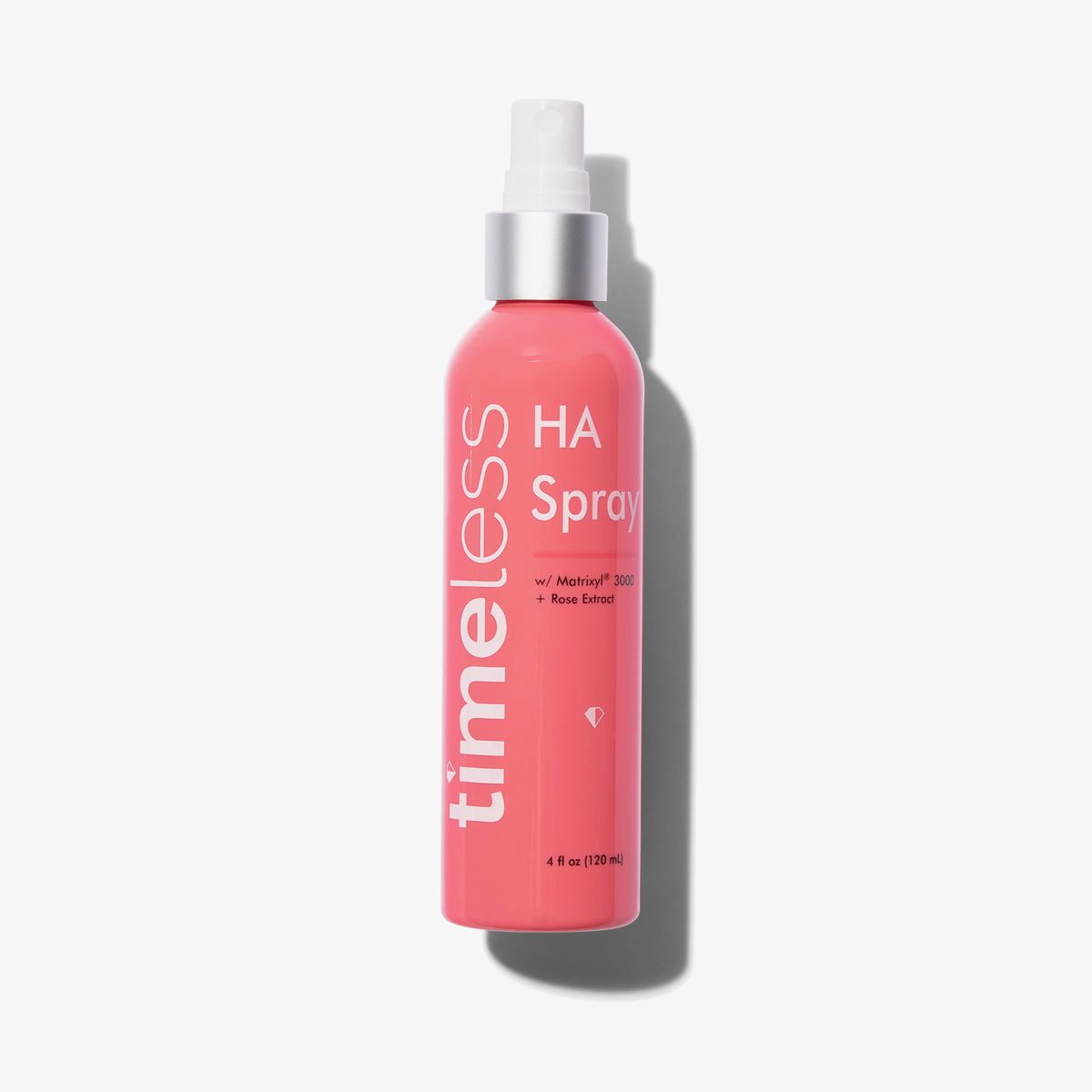 Rosa Sprühflasche HA ROSE SPRAY in 120 ml von Timeless Skin Care mit weißem Text auf weißem Hintergrund.