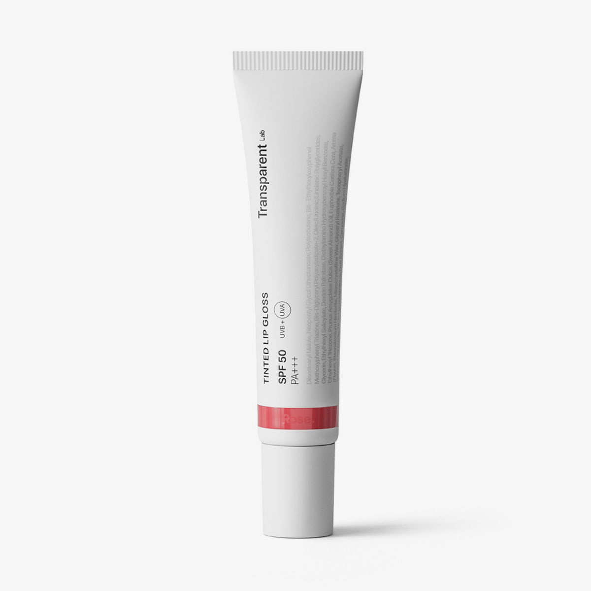 Weiße Tube Tinted Lip Gloss SPF50 stehend auf weißem Hintergrund.