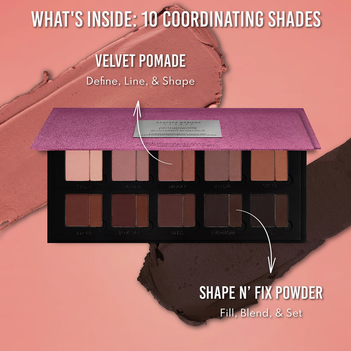Die Groundwork-Palette – Blooming Romance geöffnet mit zehn aufeinander abgestimmten Farbtönen mit cremiger und pudriger Struktur.