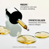Pipette des Youth Juice Collagen Scalp Treatment mit goldener Flüssigkeit und Text zu Inhaltsstoffen auf weißem Hintergrund.
