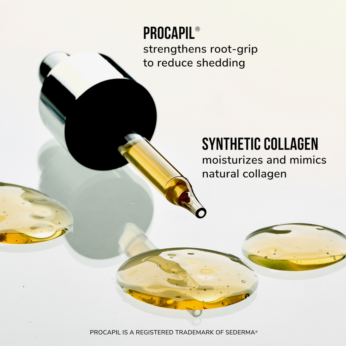 Pipette des Youth Juice Collagen Scalp Treatment mit goldener Flüssigkeit und Text zu Inhaltsstoffen auf weißem Hintergrund.