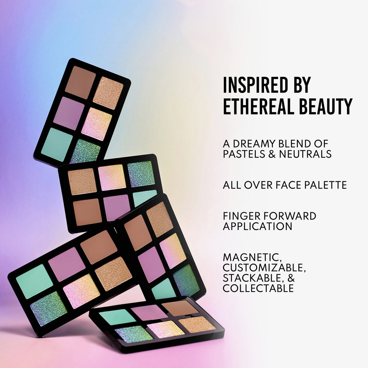 Mehrere Lightwork Freedom Mini Palette Pastel Dream übereinander; daneben Vorteile der Palette.