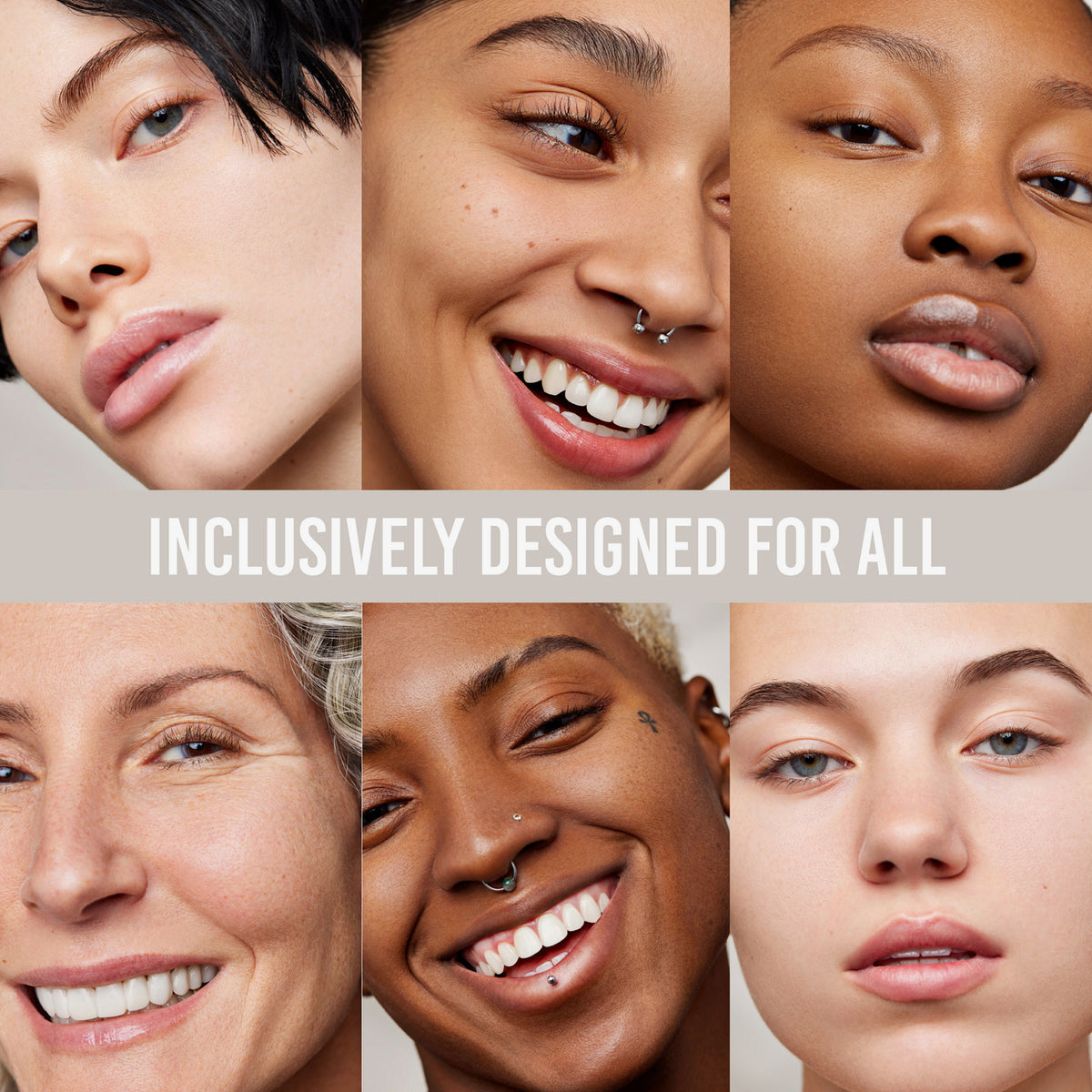 Sechs Menschen mit unterschiedlichen Hauttönen und Gesichtszügen lächeln und betonen die Inklusivität für alle.