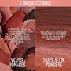 Geteiltes Bild: links sind cremige Farbmuster der Velvet Pomades der Groundwork Palette – Blooming Romance , rechts Shape n'fix Powders.