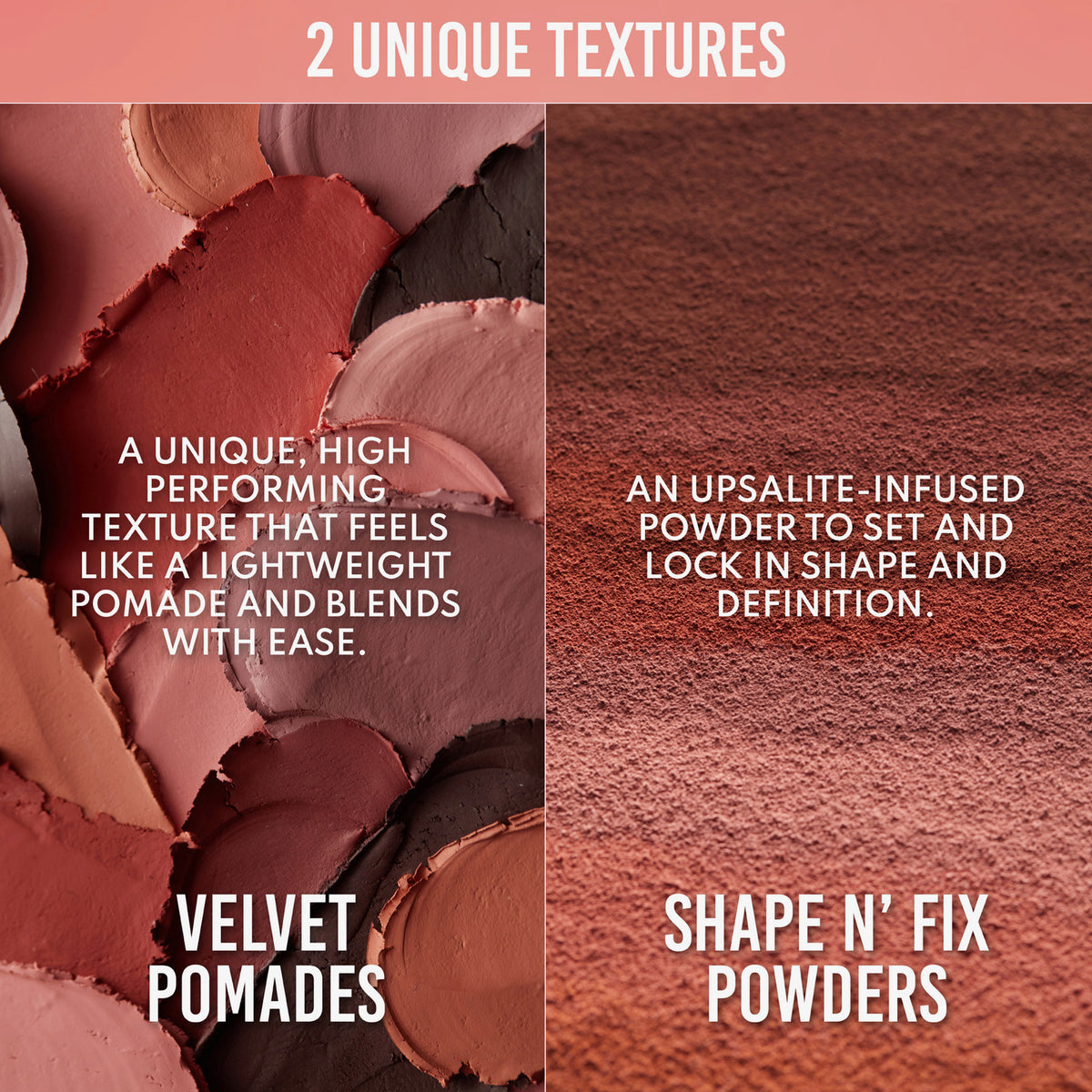 Geteiltes Bild: links sind cremige Farbmuster der Velvet Pomades der Groundwork Palette – Blooming Romance , rechts Shape n'fix Powders.