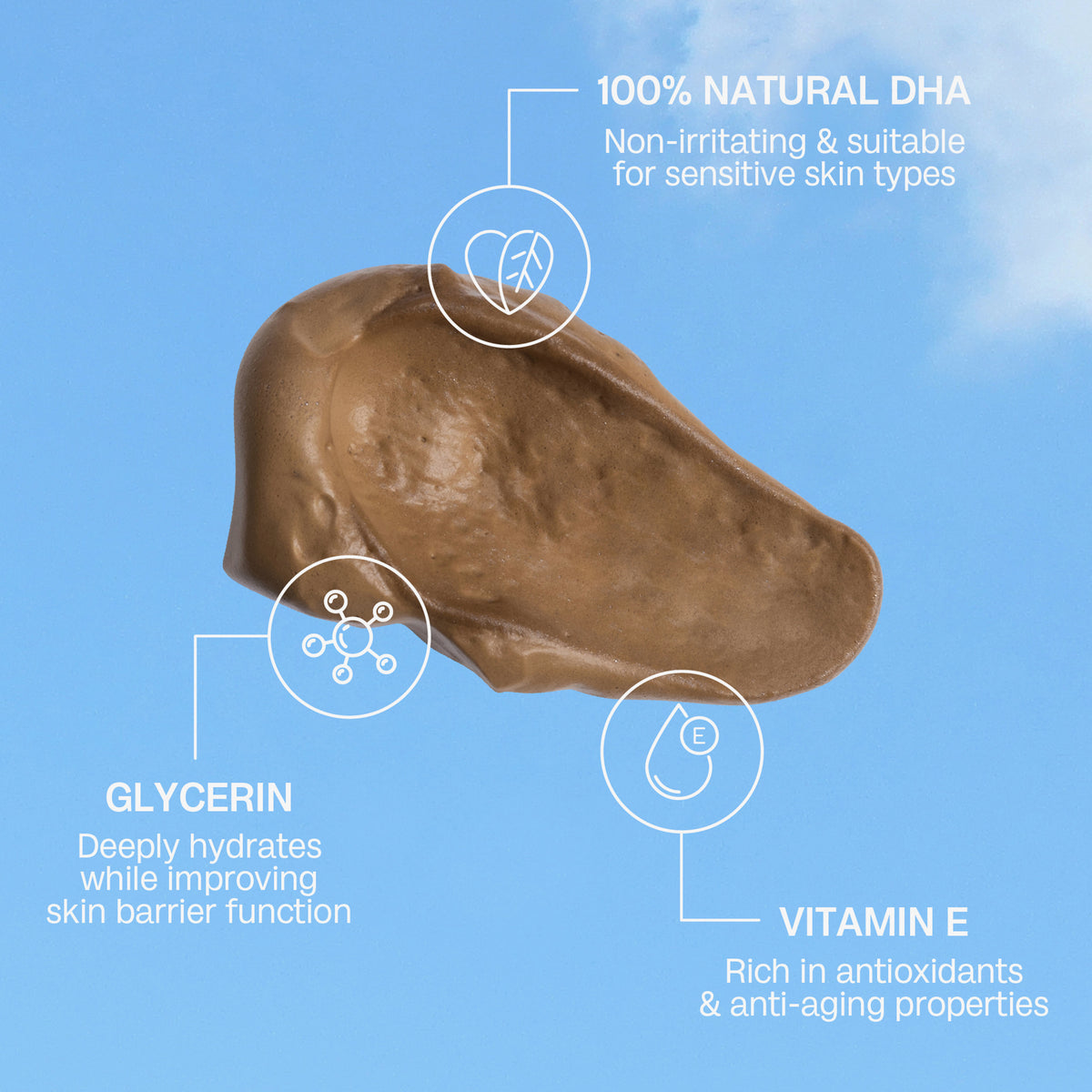 Brauner Schaumklecks des 1 HR Express 120g mit Infos zu Inhaltsstoffen: 100 % natürliches DHA, Glycerin zur Hydration und Vitamin E mit Anti-Aging-Wirkung.