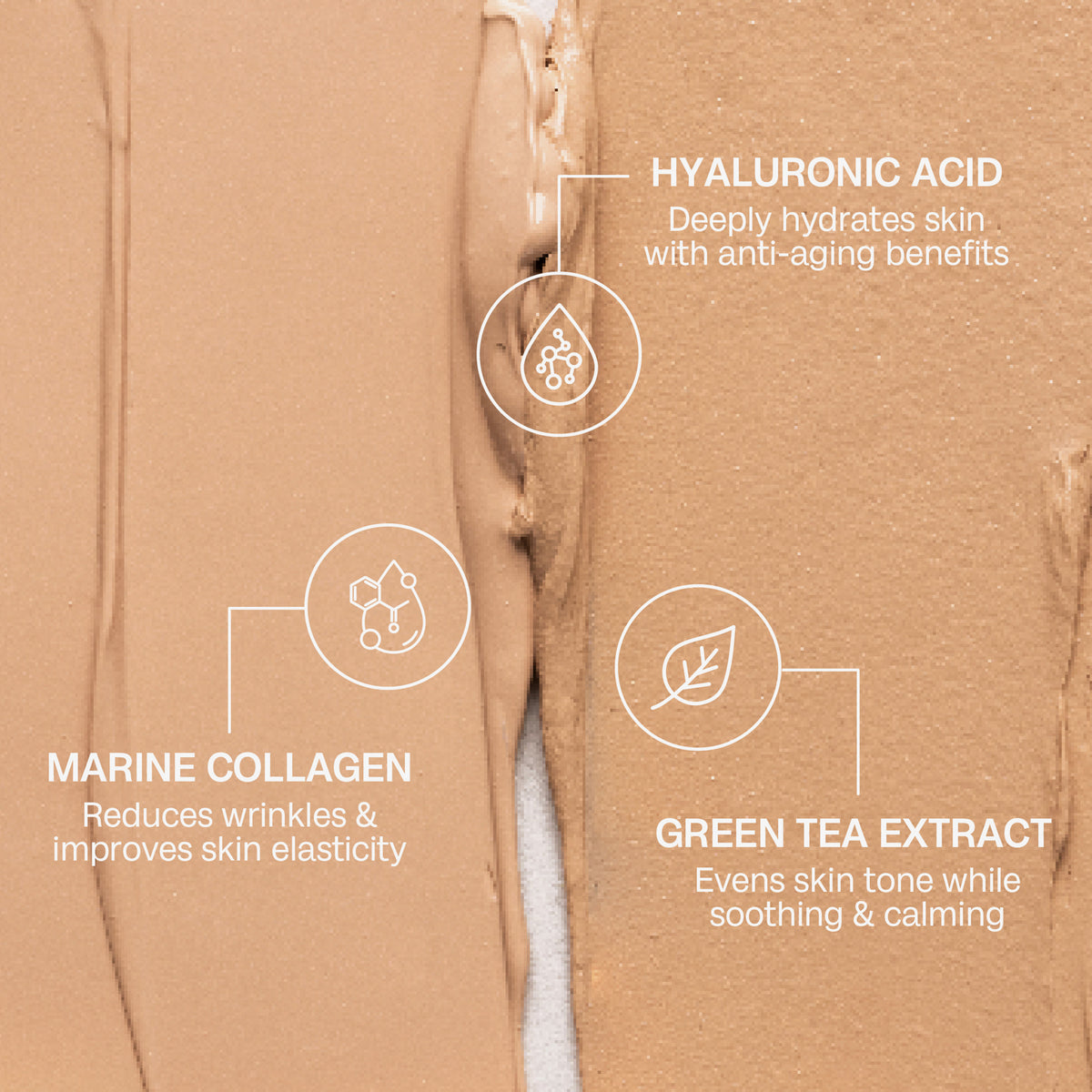 Highlightinhaltsstoffe wie Hyaluronsäure, Meereskollagen und Grüntee-Extrakt werde hervorgehoben, dahinter zwei Swatches der BB-Cream