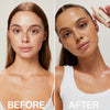 Nebeneinandergestellter „Vorher“- und „Nachher“-Vergleich einer Frau mit Sommersprossen, die eine Flasche Face Tan Serum hält