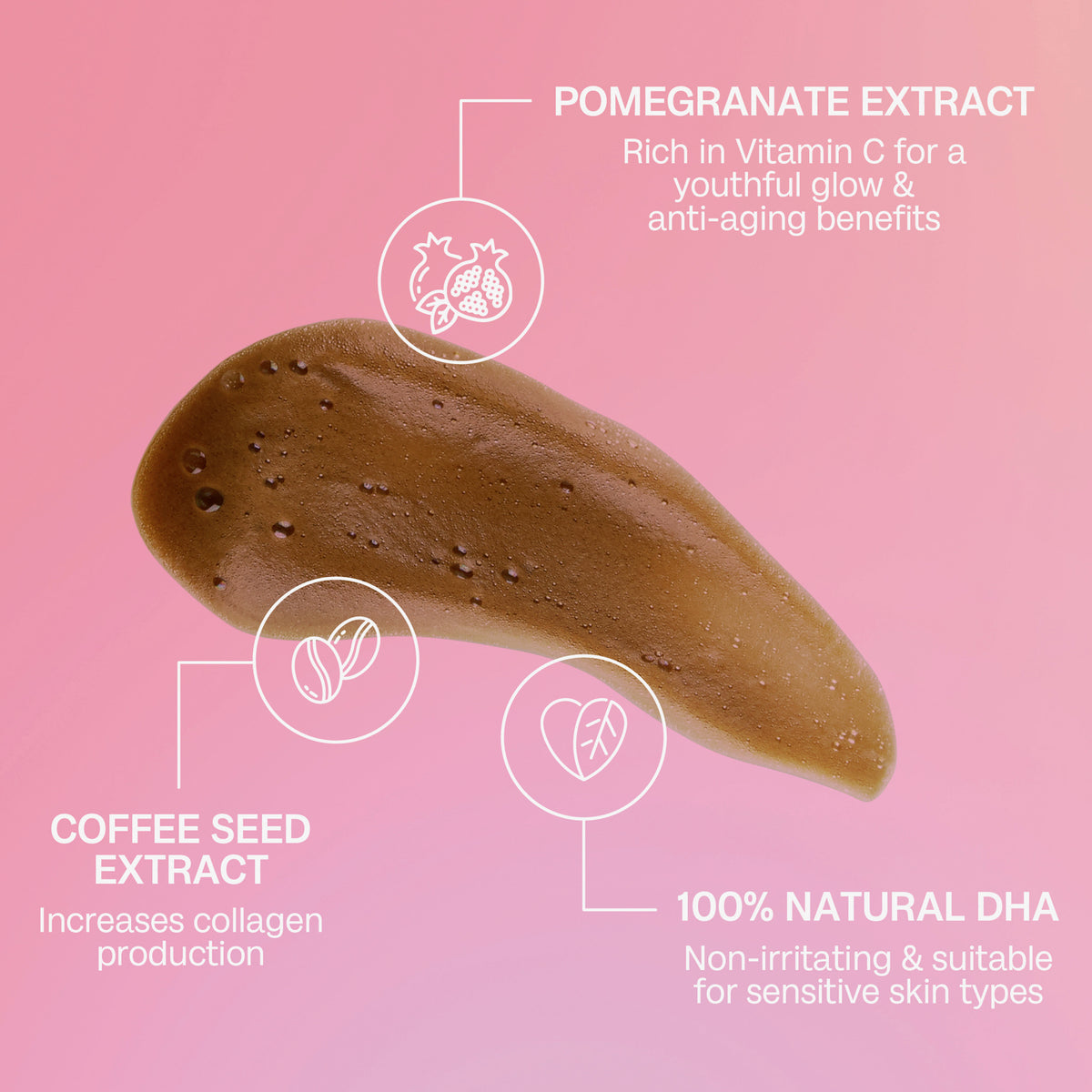 Brauner Schaumstreifen Self Tanning Mousse Dark auf rosa Hintergrund; dazu enthaltenen Granatapfel- und Kaffeeextrakten und natürlichem DHA