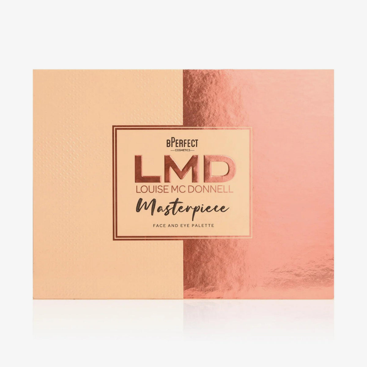 BPerfect Cosmetics x LMD Masterpiece Face & Eye Palette im Beige- und Roségold-Design vor weißem Hintergrund