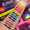 Arm mit farbenfrohen Farbmustern aus der BPerfect Cosmetics x Lord Chyna Taboo Shadow Palette; dahinter Verpackungen