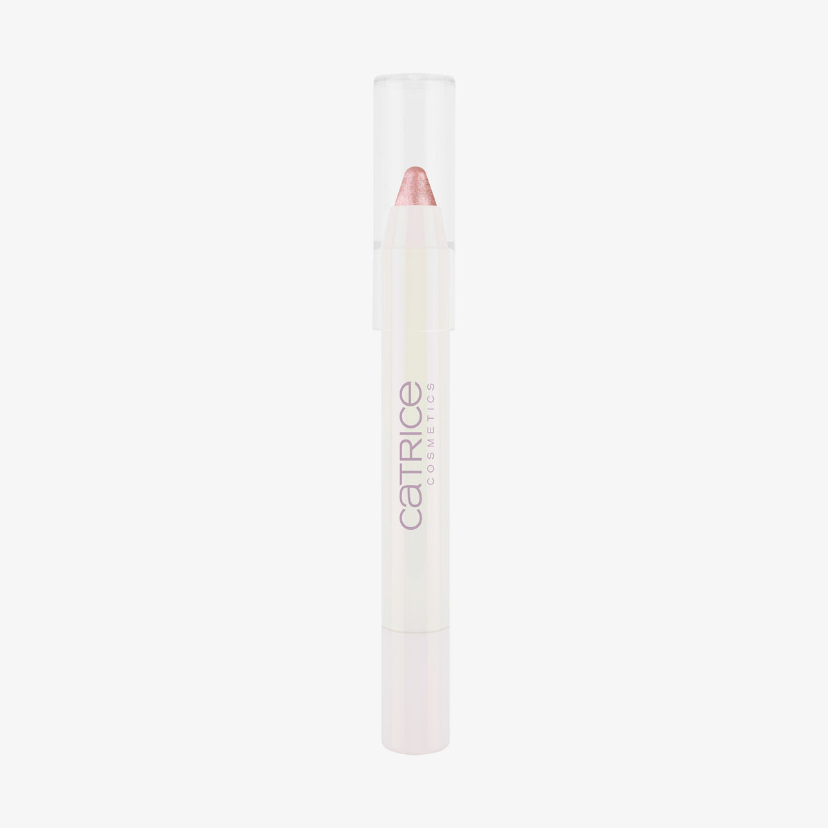 Ein weißer PEARLFECTION Eyeshadow Stick Pearl Glaze von Catrice Cosmetics in schimmerndem Rosa mit transparentem Deckel.