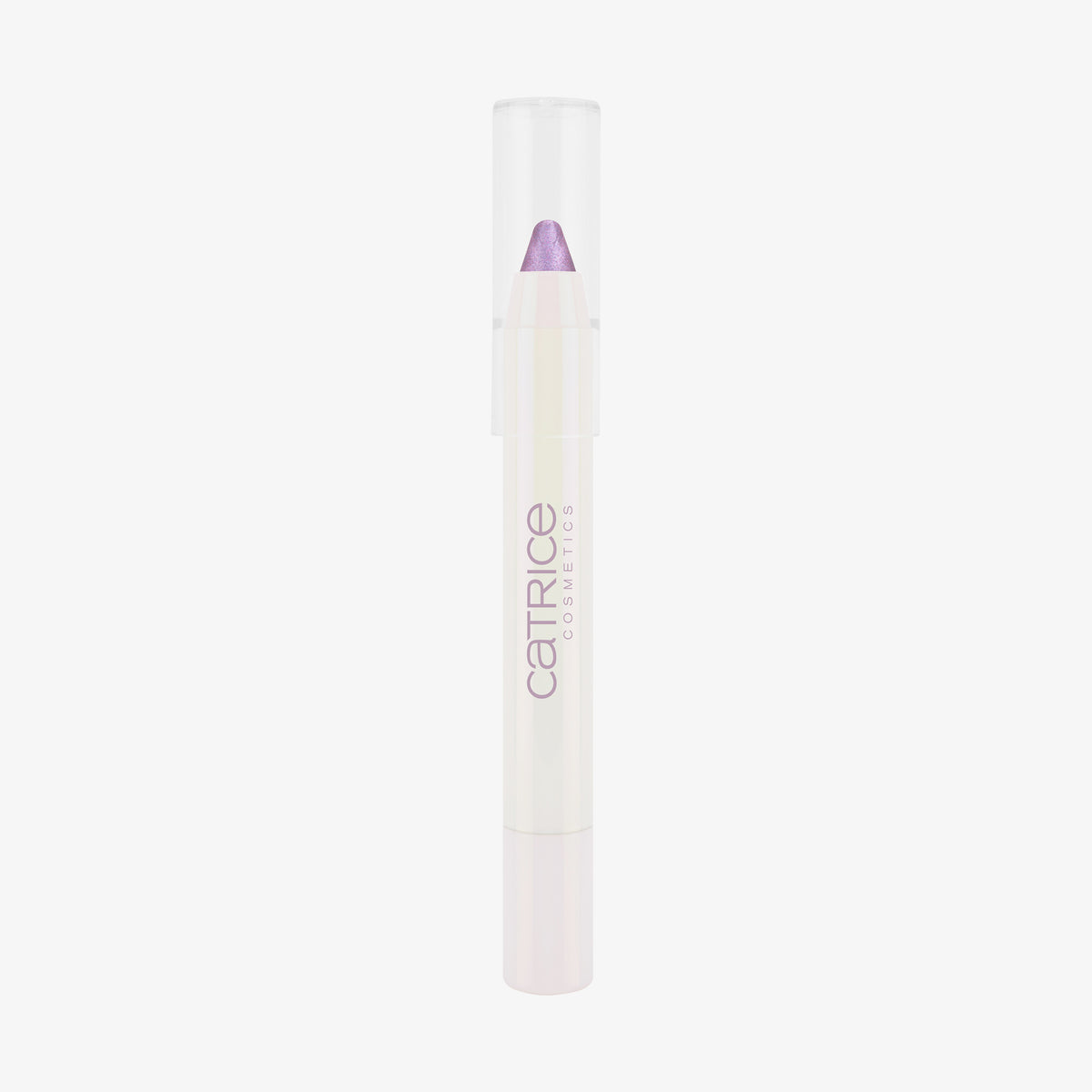 Ein weißer PEARLFECTION Eyeshadow Stick Sparkles of Pearls von Catrice Cosmetics in schimmerndem Lila mit transparentem Deckel.